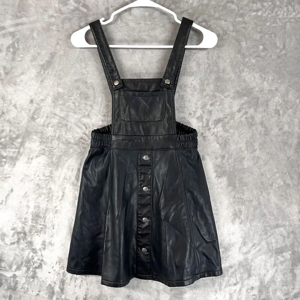 Wonder Nation Girls Black Faux Leather Overall Jumper Dress Size M 7-8